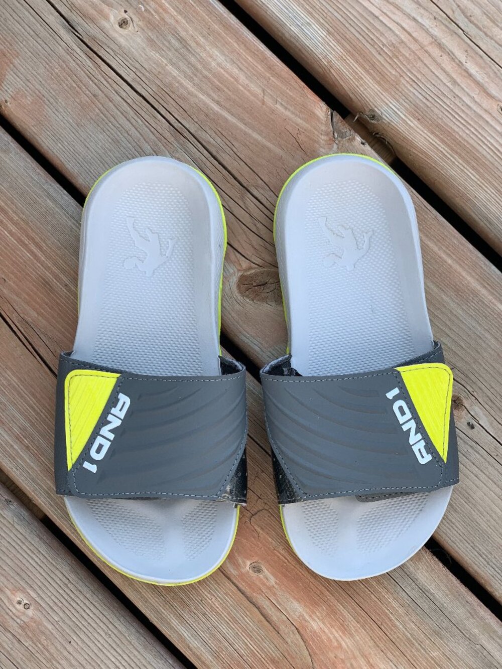 And1 Kids Slides Sandals Youth 2/3 Gray Yellow Slip On Adjustable Athletic Shoes